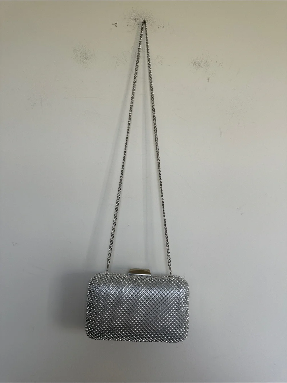 Olga Berg Silver Rhinestone Mesh Evening Clutch with Chain